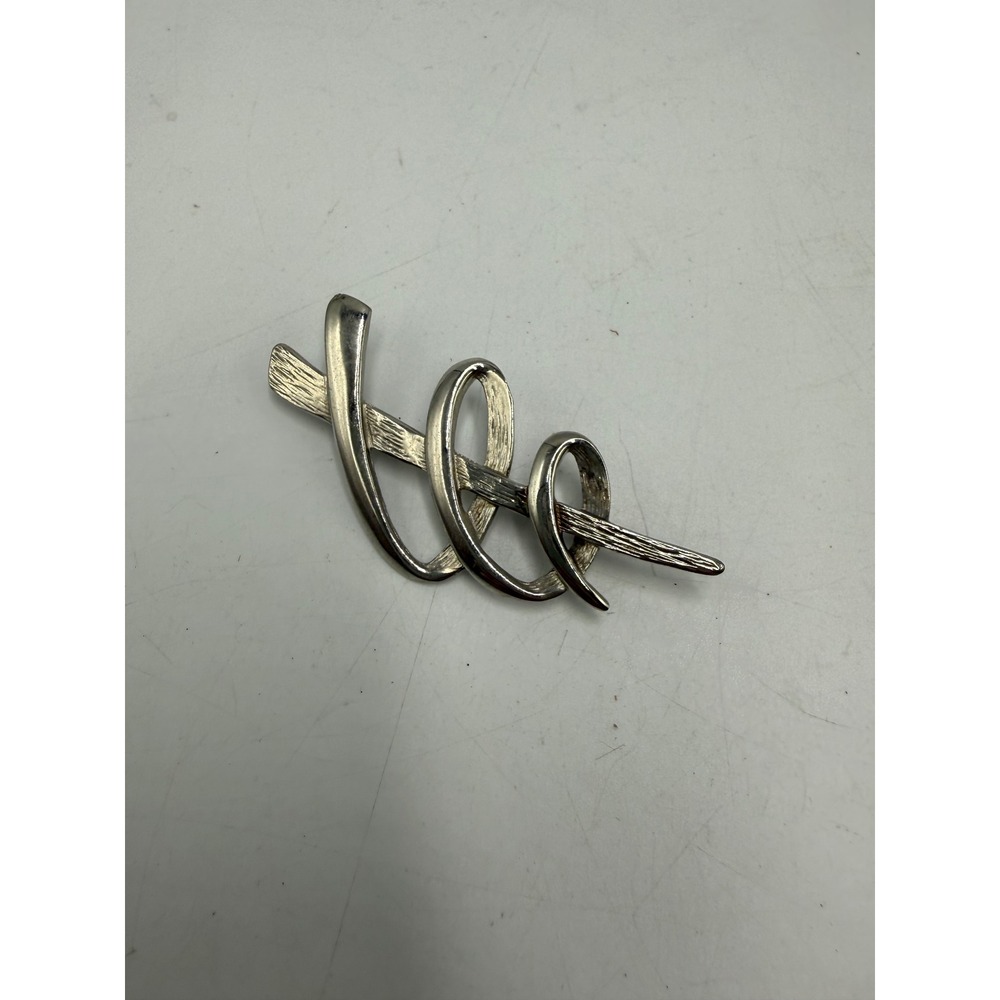 Vintage Silver Tone Abstract‎ Swirl Ribbon Brooch Pin Mid Century Modern Design